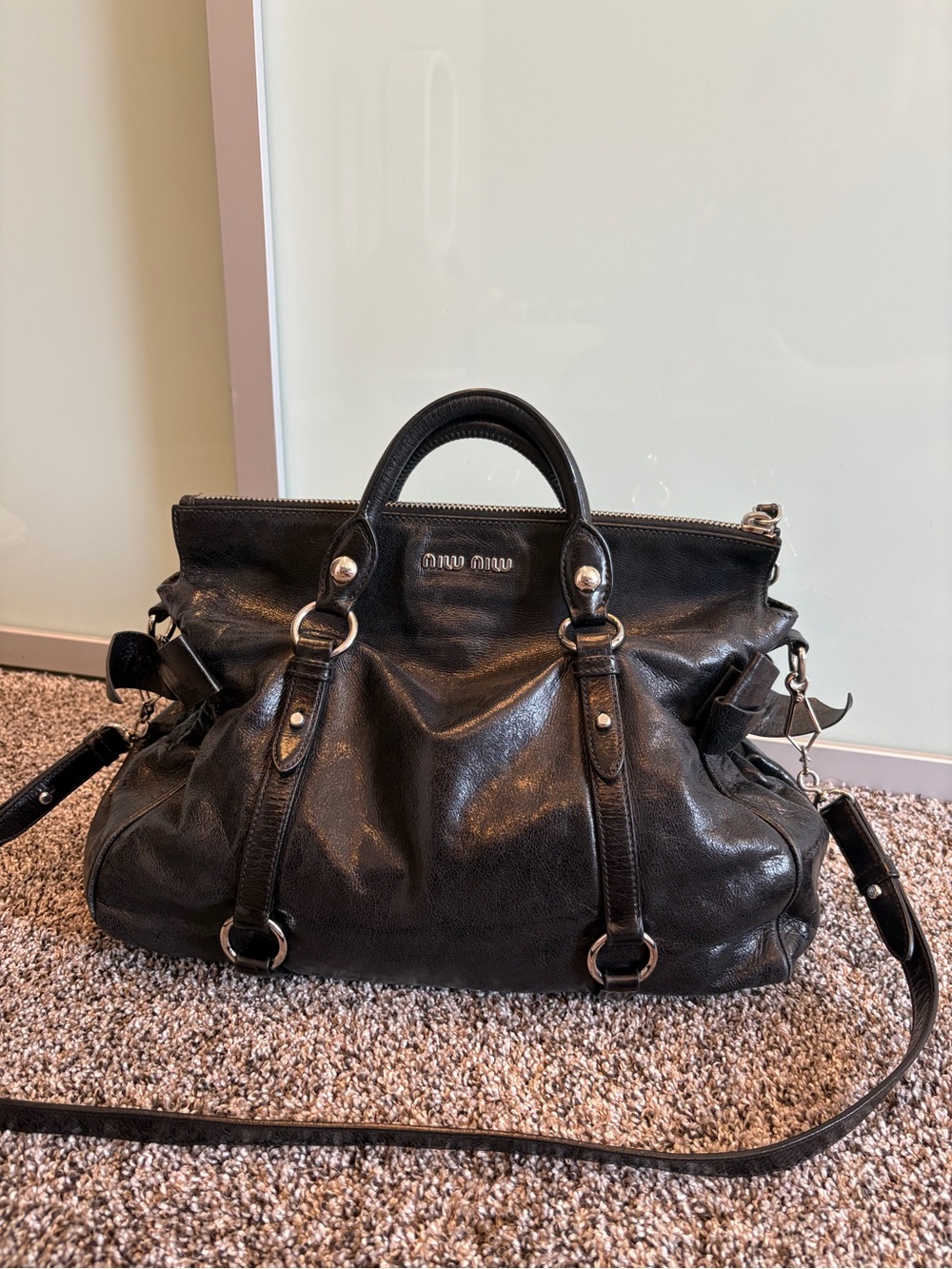 Vintage Miu Miu 2way Aged Black Leather Shoulder Satchel